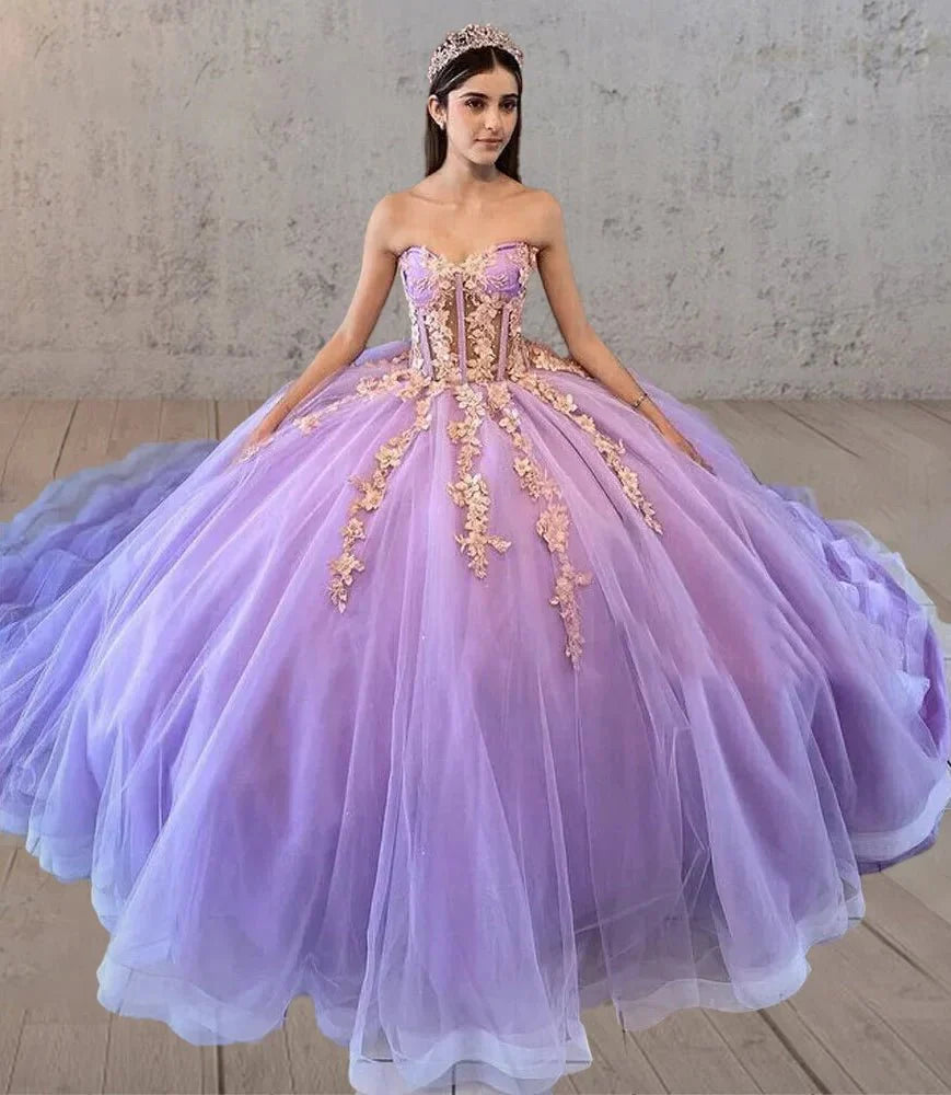 Off Shoulder Sleeveless Appliques Bow Knot Lilac Quinceanera Dress WQ1345