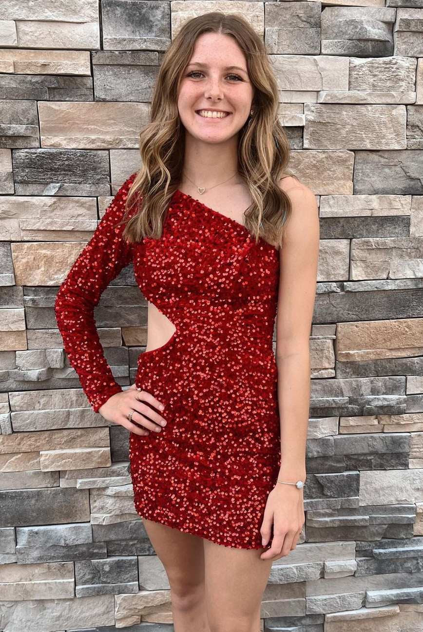 Kensley | Purple Sequin One-Sleeve Cutout Short Homecoming Dress