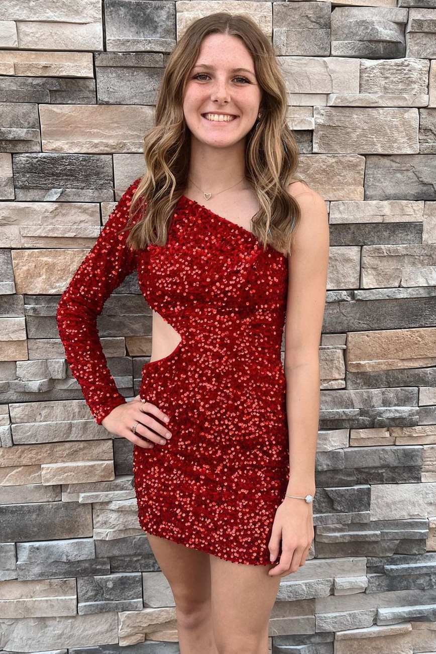 Kensley | Purple Sequin One-Sleeve Cutout Short Homecoming Dress