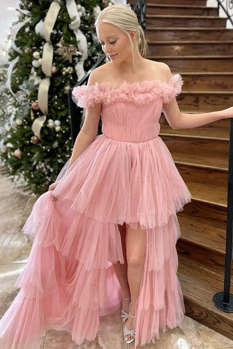 Linen | Pink Off The Shoulder Tulle A Line Prom Dress With Split