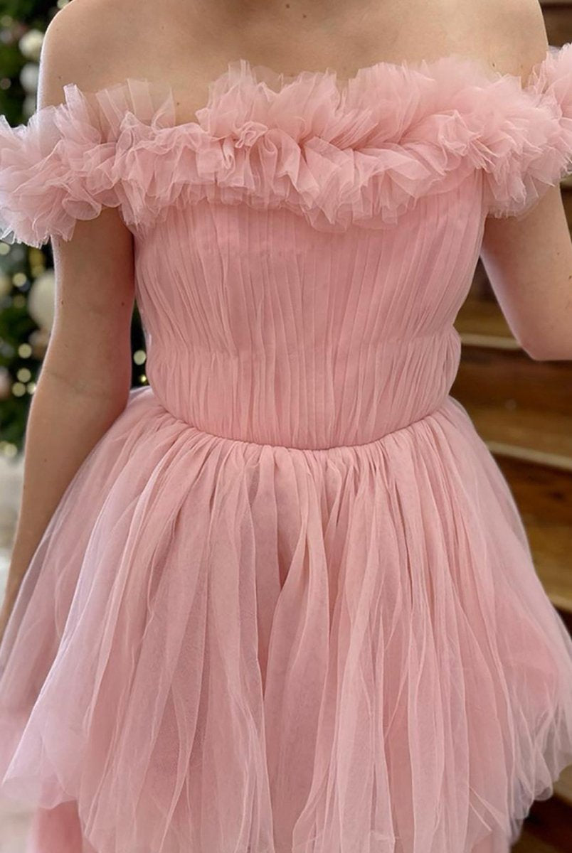 Linen | Pink Off The Shoulder Tulle A Line Prom Dress With Split