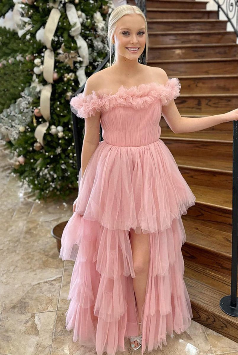 Linen | Pink Off The Shoulder Tulle A Line Prom Dress With Split