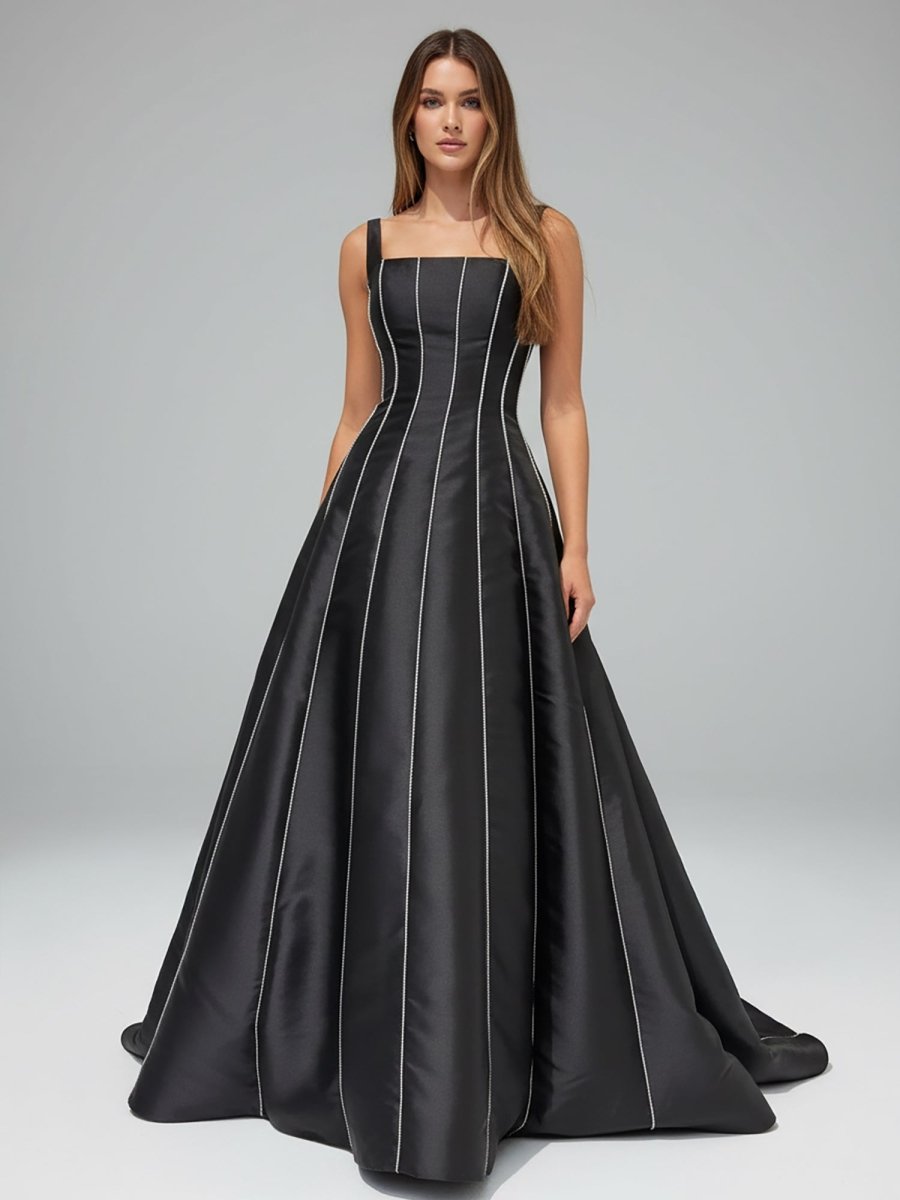 KissProm-Linlee Black A - Line Straps Square Beads Pleated Long Prom Dress