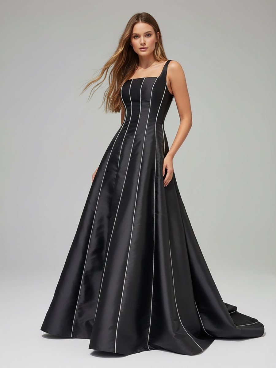 KissProm-Linlee Black A - Line Straps Square Beads Pleated Long Prom Dress