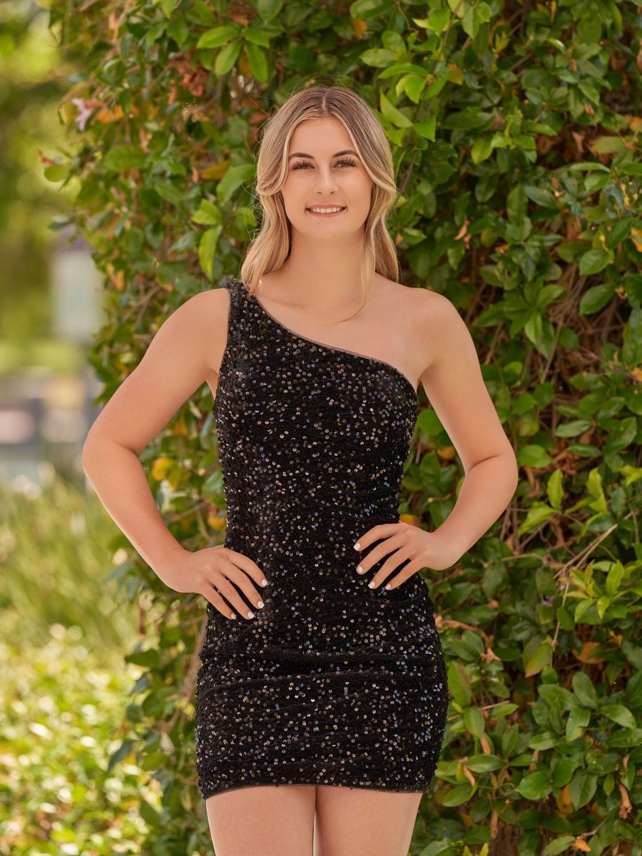 Linnea Short Bodycon One Shoulder Sequins Black Homecoming Dress | KissProm Black / 8 Linnea Short Bodycon One Shoulder Sequins Black Homecoming Dress | KissProm Black / 8