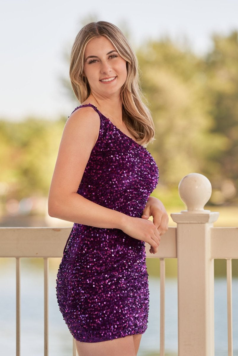 Linnea | Tight Sequins Black One Shoulder Homecoming Dress - KissProm