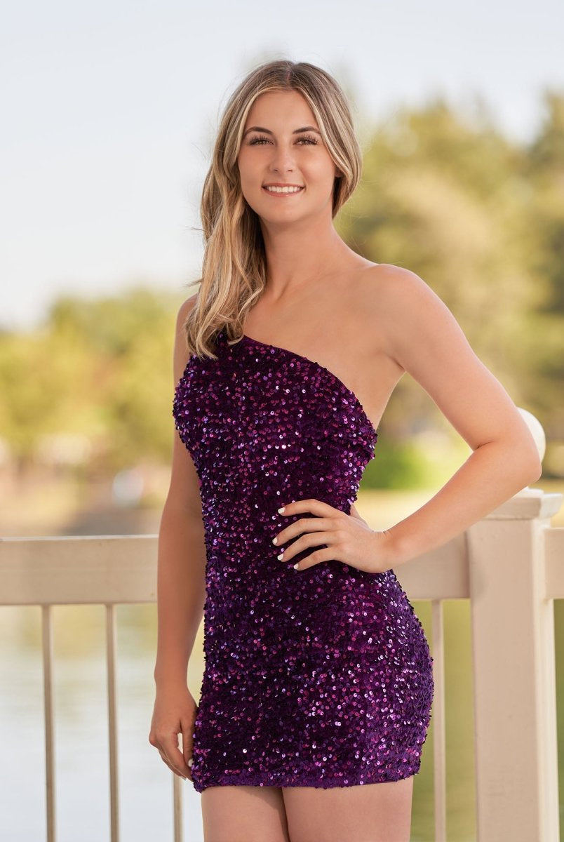 Linnea | Tight Sequins Black One Shoulder Homecoming Dress - KissProm