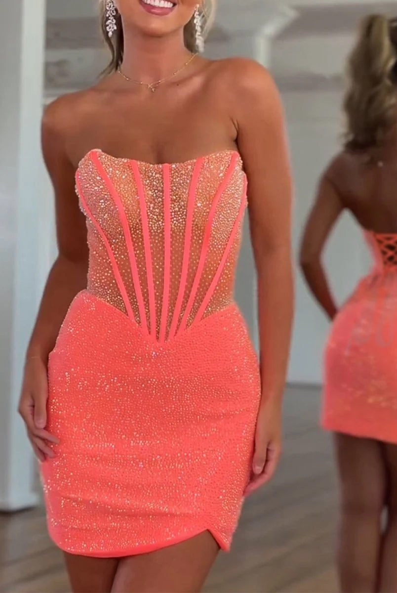 Lior | Orange - Tight Beaded Strapless Short Corset Homecoming Dress