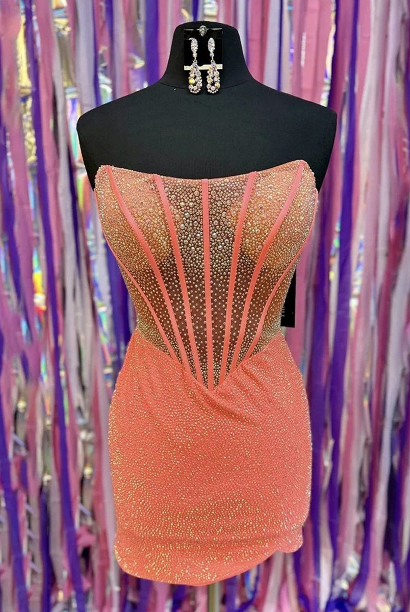 Lior | Orange - Tight Beaded Strapless Short Corset Homecoming Dress