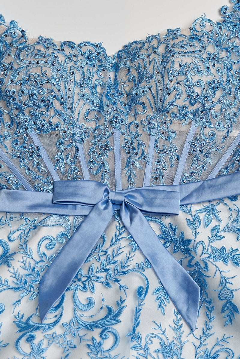 Lioren | Blue - Square Neck A Line Lace Beaded Formal Prom Dresses With Appliques - KissProm