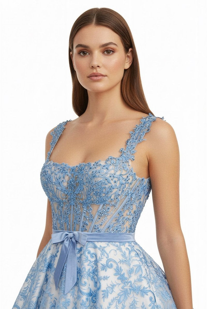 Lioren | Blue - Square Neck A Line Lace Beaded Formal Prom Dresses With Appliques - KissProm