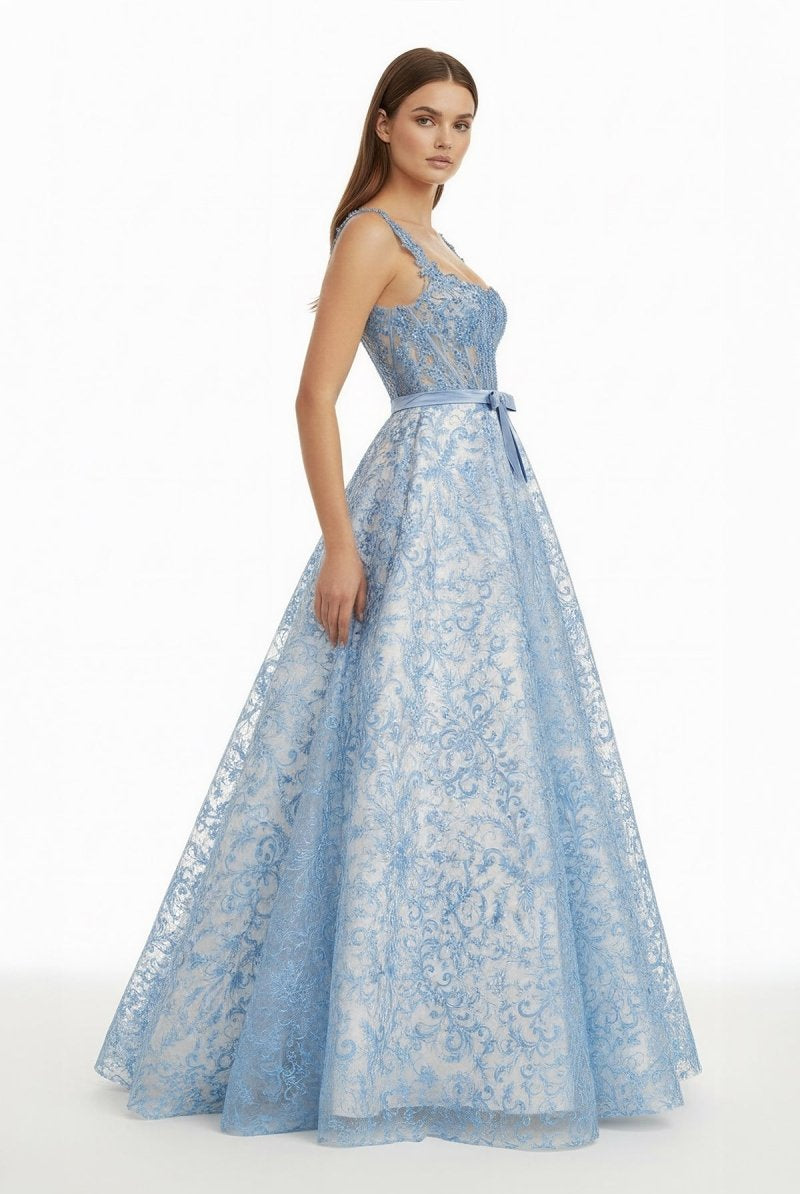 Lioren | Blue - Square Neck A Line Lace Beaded Formal Prom Dresses With Appliques - KissProm