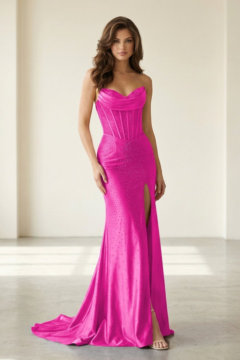 Liorenna | Fuchsia - Strapless Mermaid Satin Beaded Long Formal Prom Dresses With Slit-KissProm