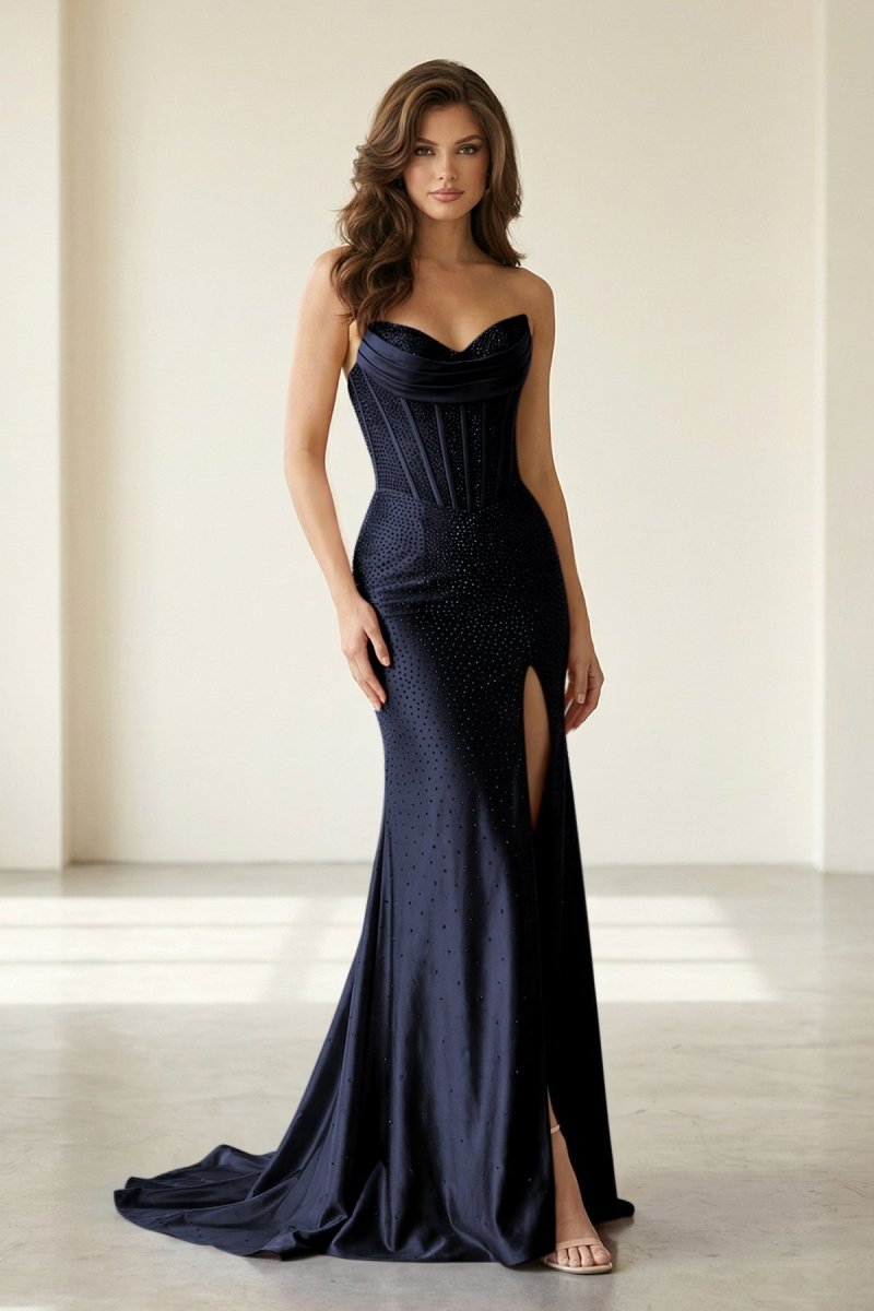Liorenna | Navy Blue - Strapless Mermaid Satin Beaded Long Formal Prom Dresses With Slit-KissProm