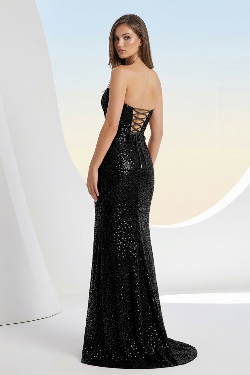 Liorina | Black - Strapless Mermaid Sequins Pleated Formal Prom Dresses With Slit - KissProm
