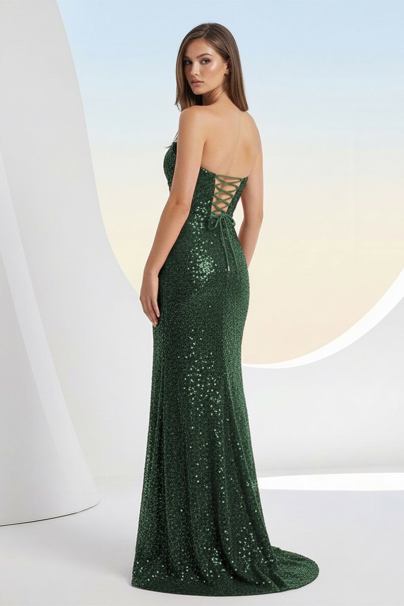 Liorina | Dark Green - Strapless Mermaid Sequins Pleated Formal Prom Dresses With Slit - KissProm
