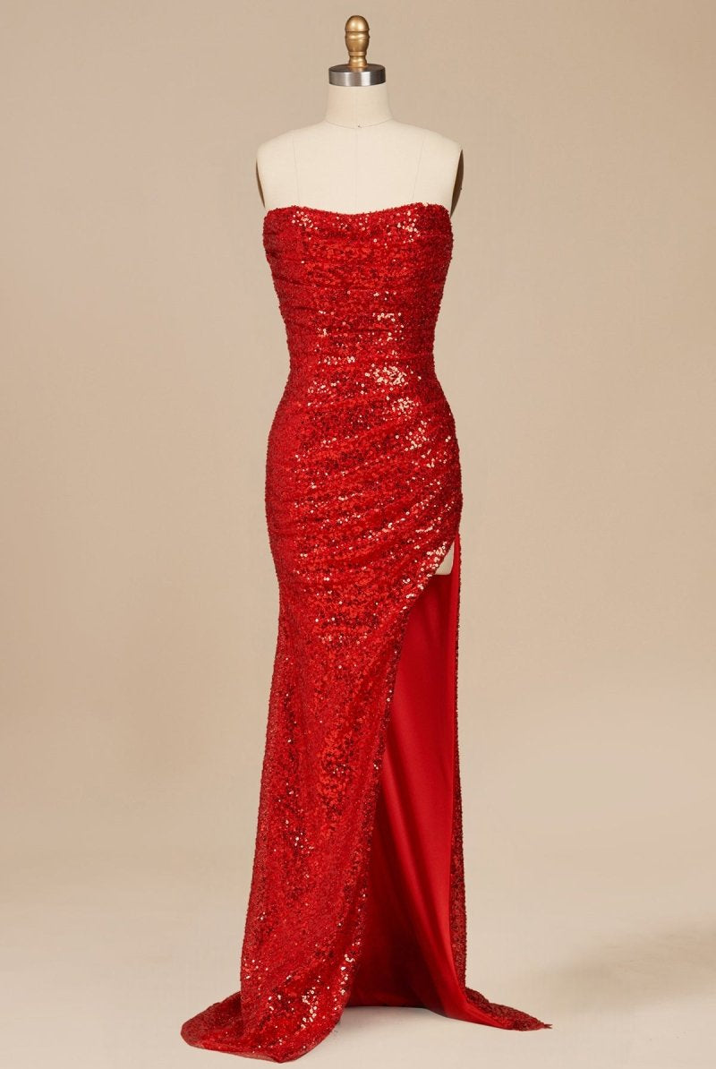 Liorina | Red - Strapless Mermaid Sequins Pleated Formal Prom Dresses With Slit - KissProm
