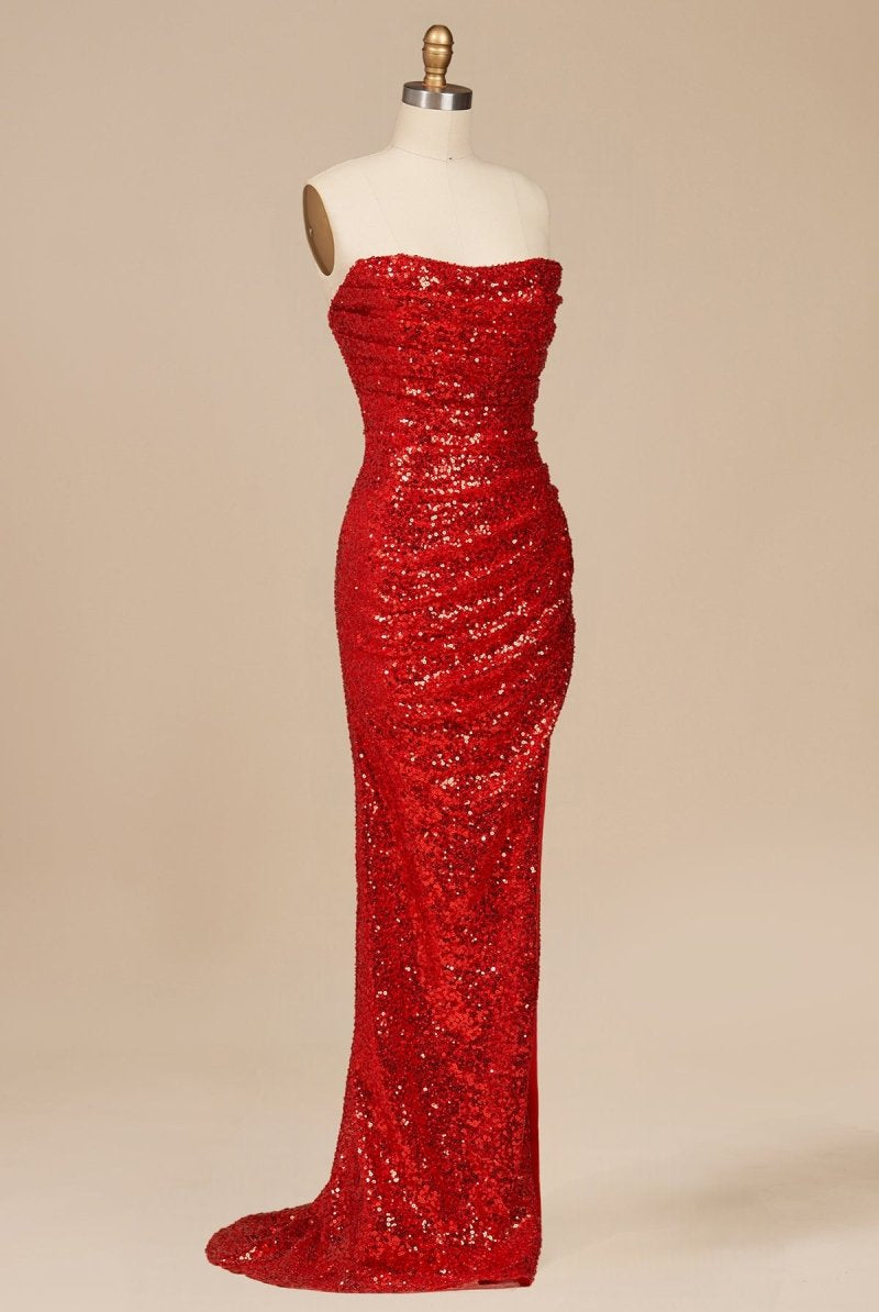 Liorina | Red - Strapless Mermaid Sequins Pleated Formal Prom Dresses With Slit - KissProm