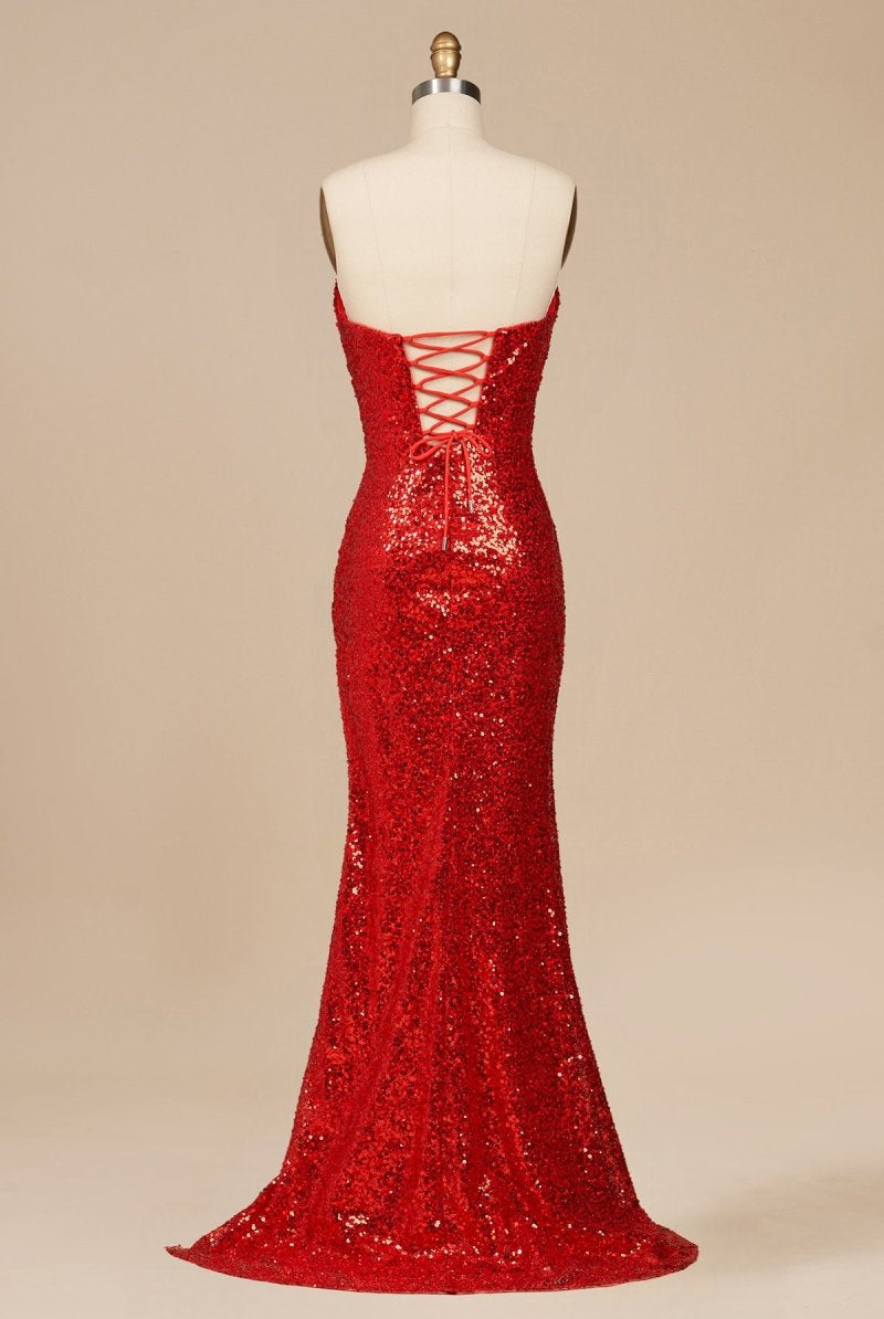 Liorina | Red - Strapless Mermaid Sequins Pleated Formal Prom Dresses With Slit - KissProm