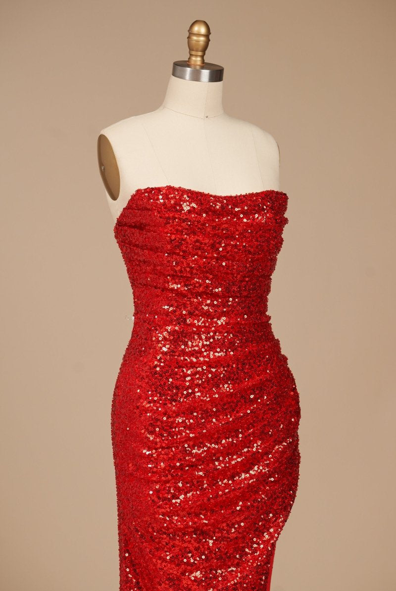 Liorina | Red - Strapless Mermaid Sequins Pleated Formal Prom Dresses With Slit - KissProm