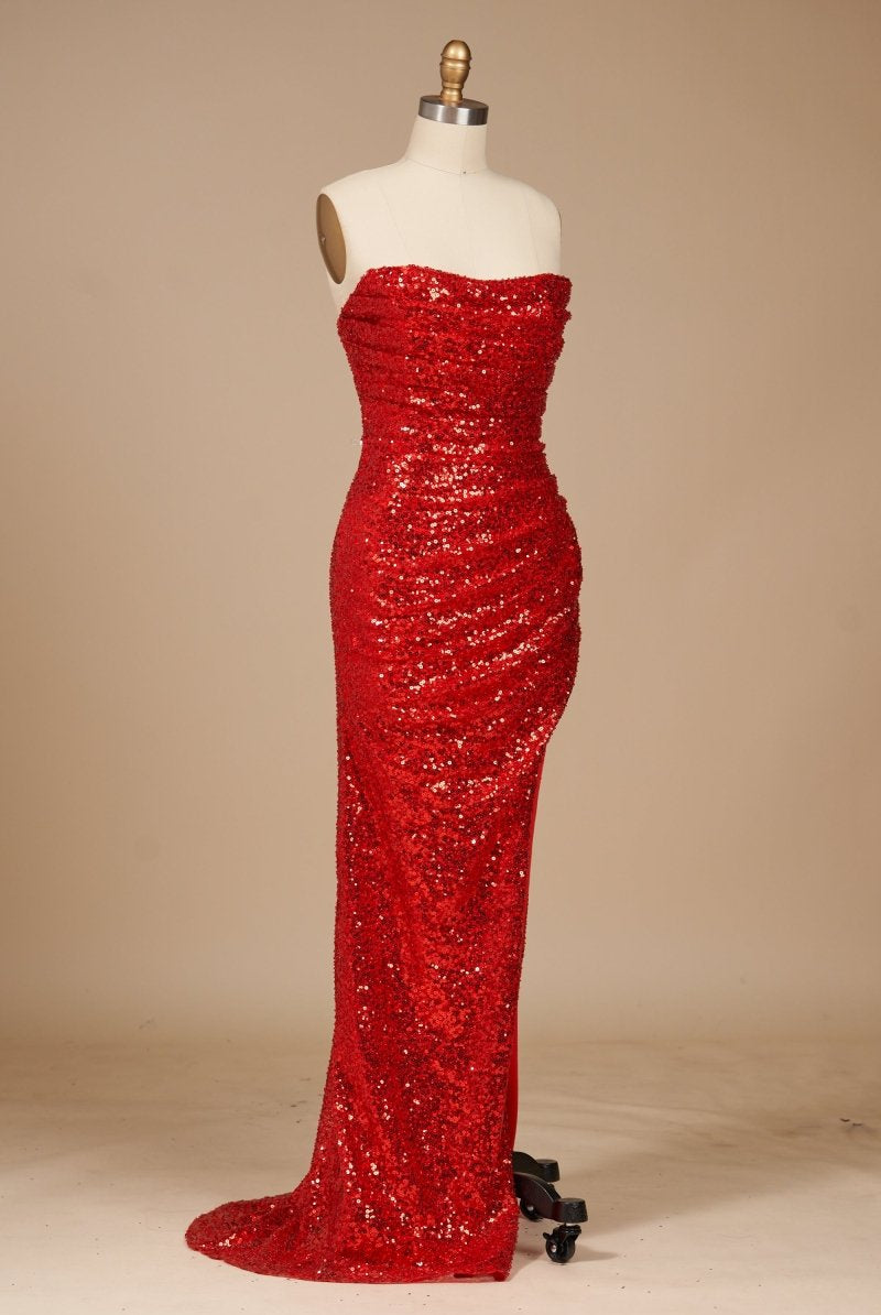 Liorina | Red - Strapless Mermaid Sequins Pleated Formal Prom Dresses With Slit - KissProm