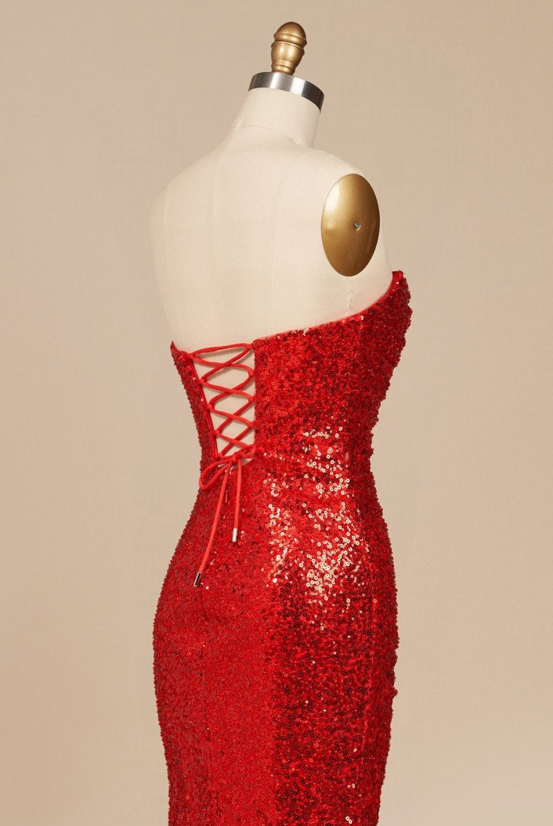 Liorina | Red - Strapless Mermaid Sequins Pleated Formal Prom Dresses With Slit - KissProm