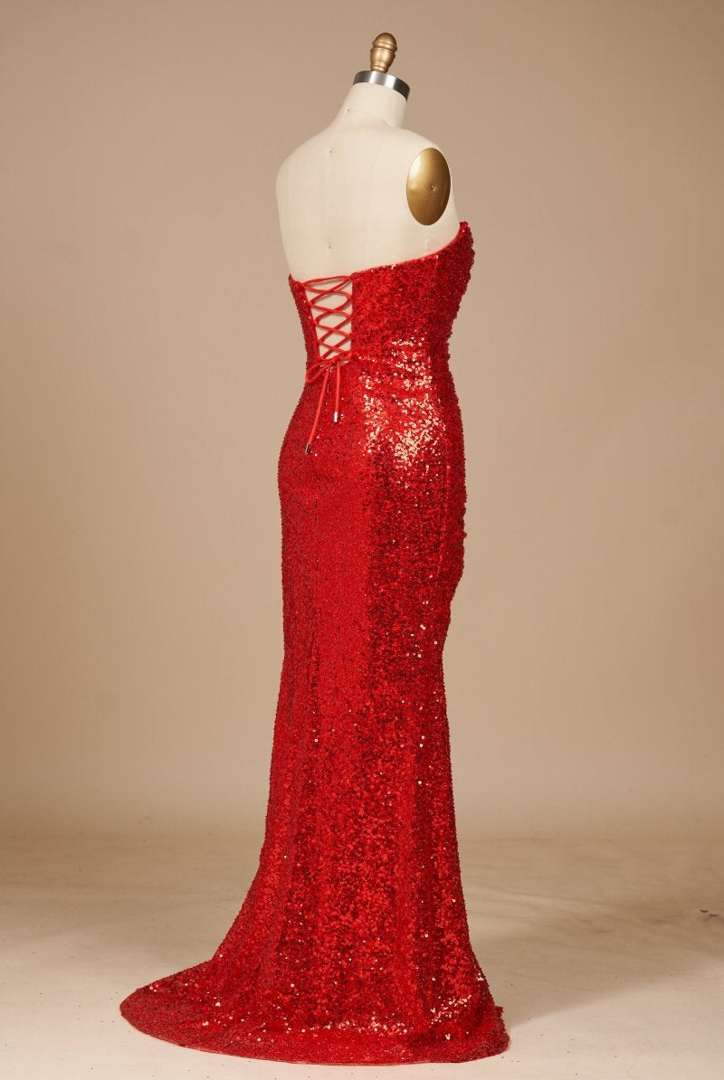 Liorina | Red - Strapless Mermaid Sequins Pleated Formal Prom Dresses With Slit - KissProm