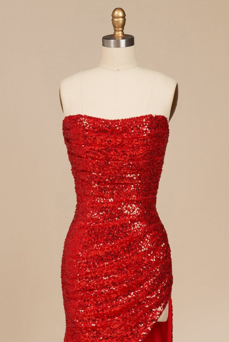 Liorina | Red - Strapless Mermaid Sequins Pleated Formal Prom Dresses With Slit - KissProm