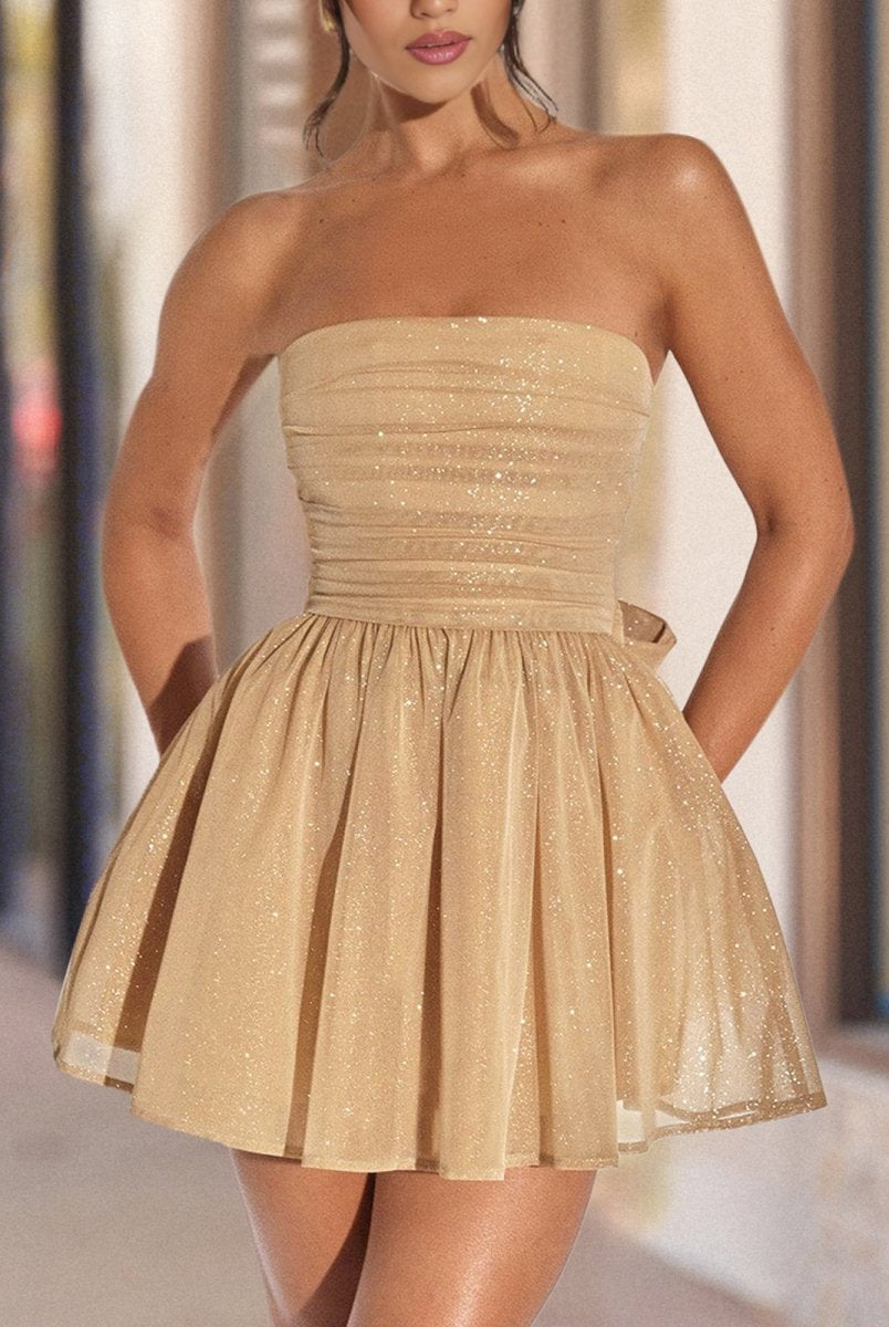Lirael | Gold - A Line Strapless Glitter Tulle Ruffled Homecoming Dresses with Bow