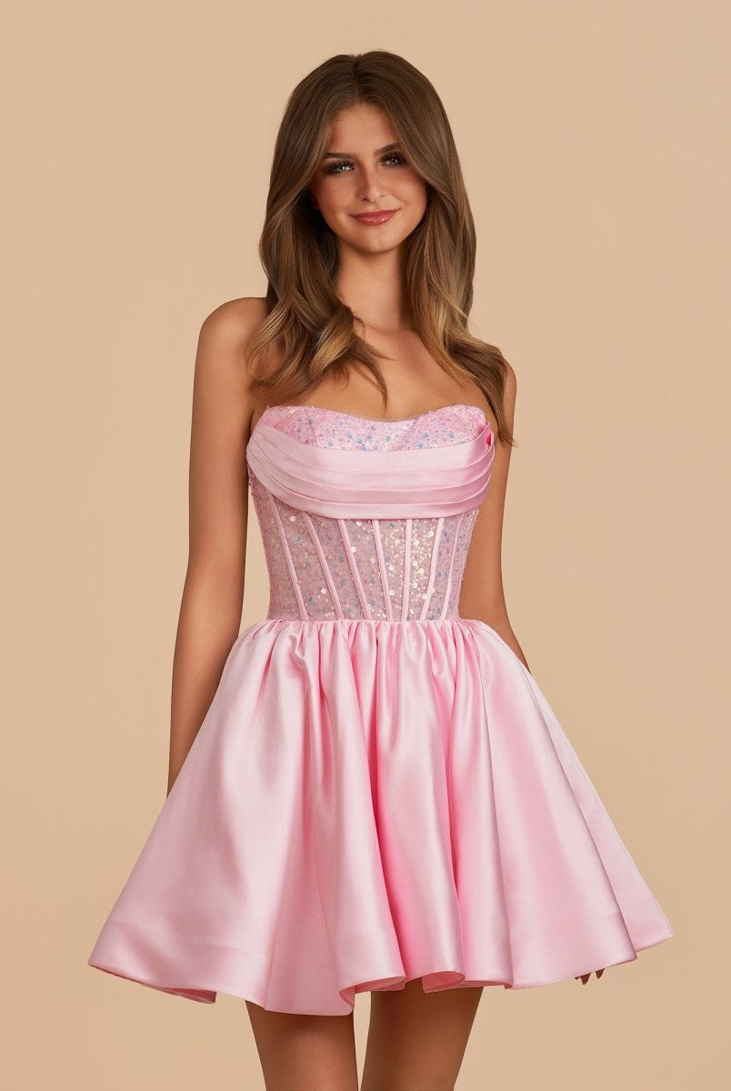 Lirra | Pink - A Line Strapless Satin Corset Short Homecoming Dresses with Sequins - KissProm