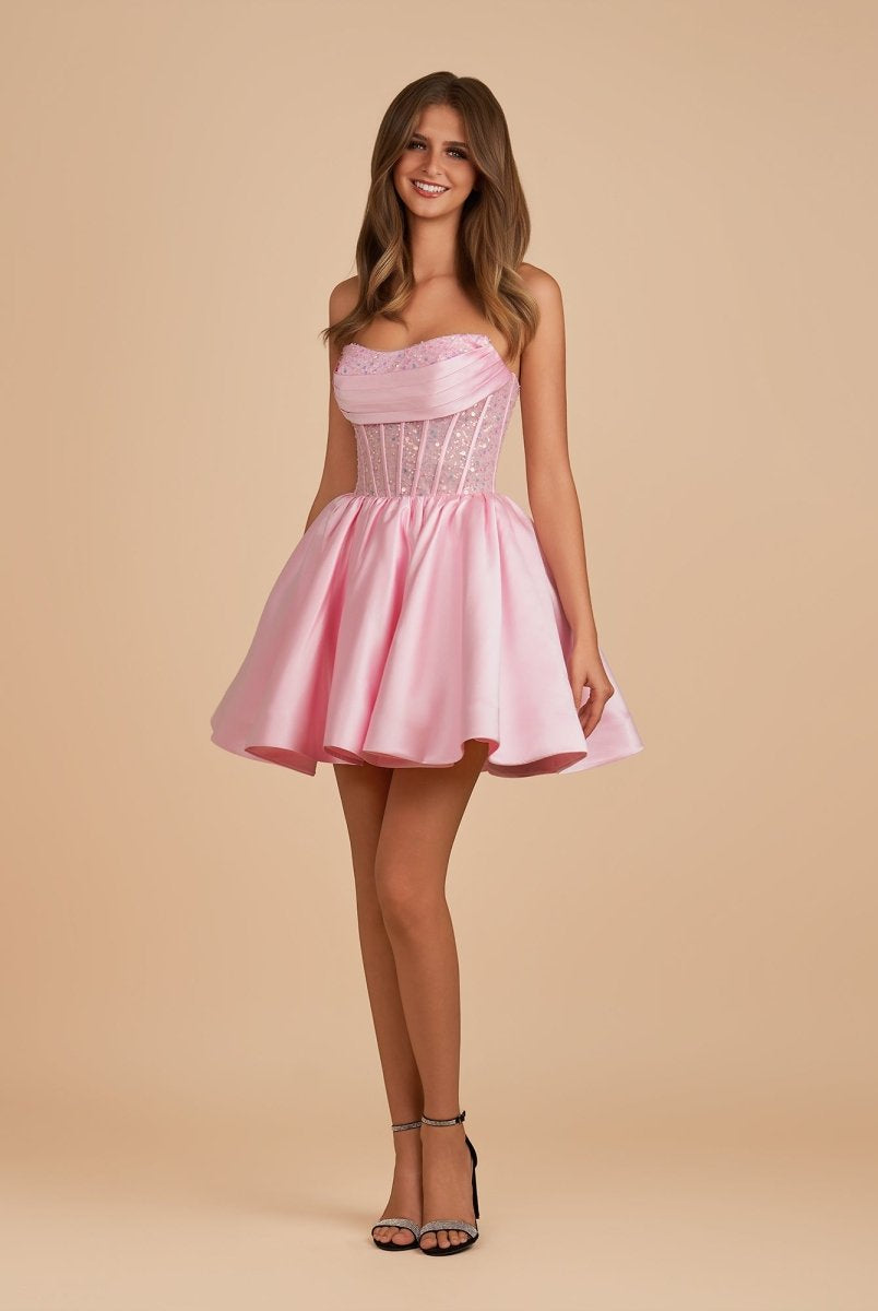 Lirra | Pink - A Line Strapless Satin Corset Short Homecoming Dresses with Sequins - KissProm