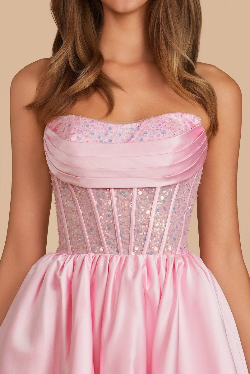Lirra | Pink - A Line Strapless Satin Corset Short Homecoming Dresses with Sequins - KissProm