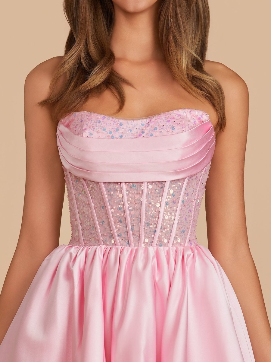 Lirra | Pink - A Line Strapless Satin Corset Short Homecoming Dresses with Sequins - KissProm