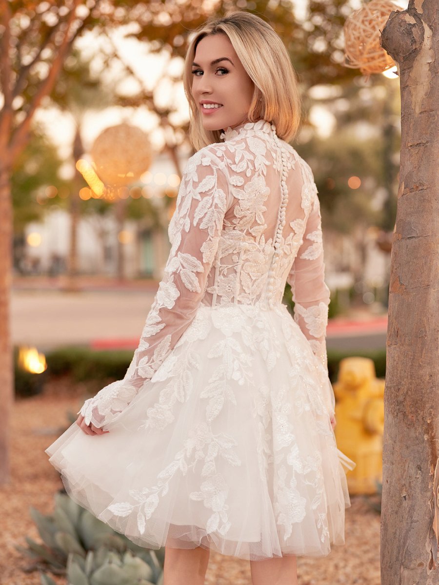 Marilla | Short White A-Line Illusion Neck Long Sleeves Lace Wedding Dresses