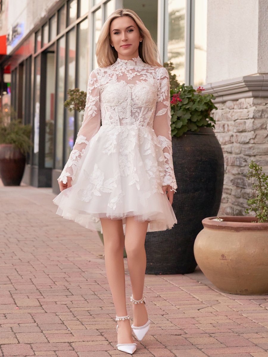Marilla | Short White A-Line Illusion Neck Long Sleeves Lace Wedding Dresses