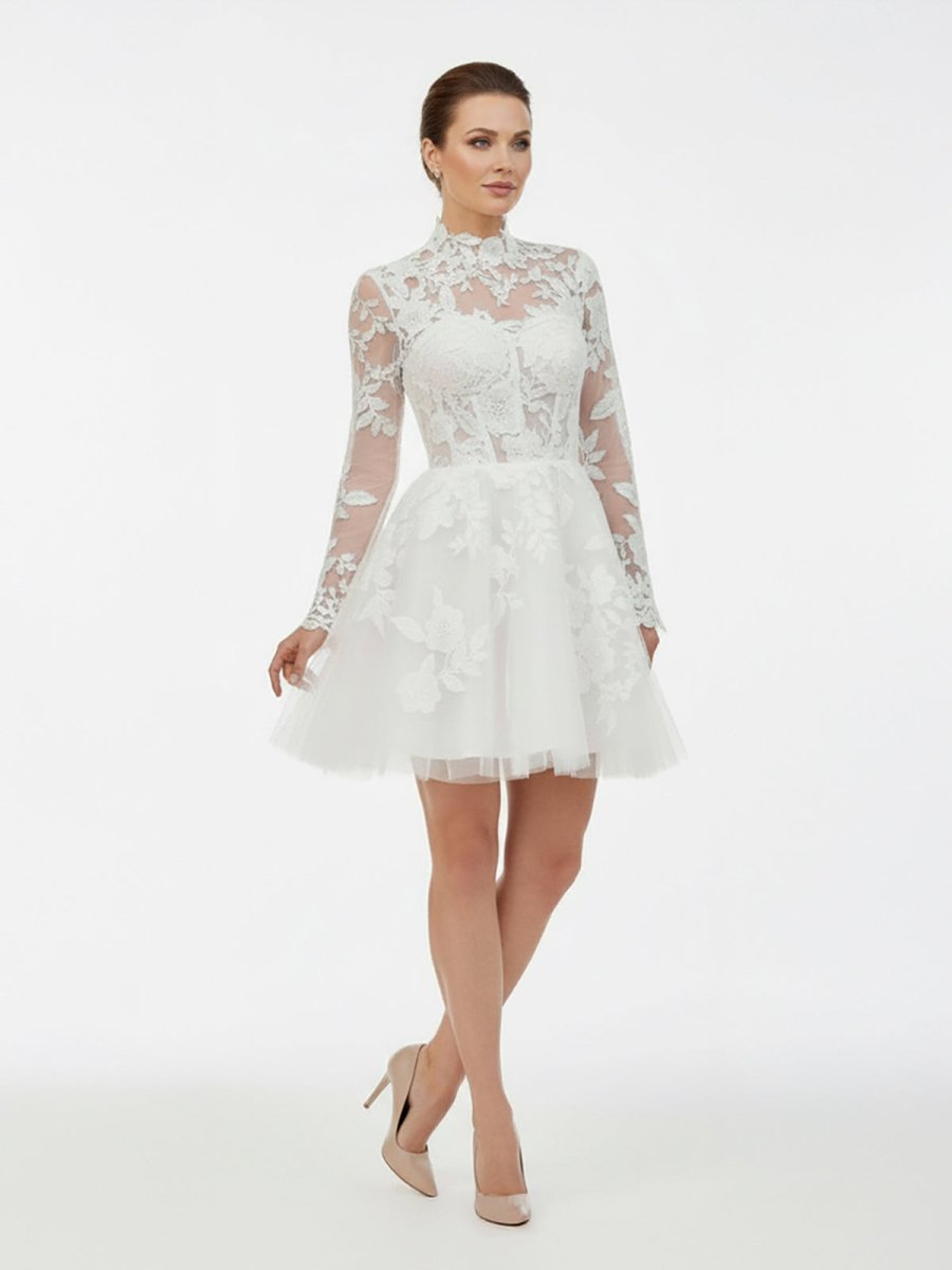 Marilla | Short White A - Line Illusion Neck Long Sleeves Lace Wedding Dresses - KissProm