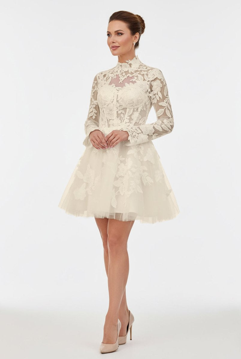 Marilla | Short White A - Line Illusion Neck Long Sleeves Lace Wedding Dresses - KissProm