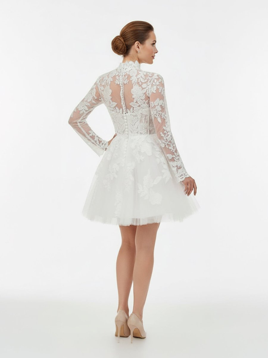 Marilla | Short White A - Line Illusion Neck Long Sleeves Lace Wedding Dresses - KissProm