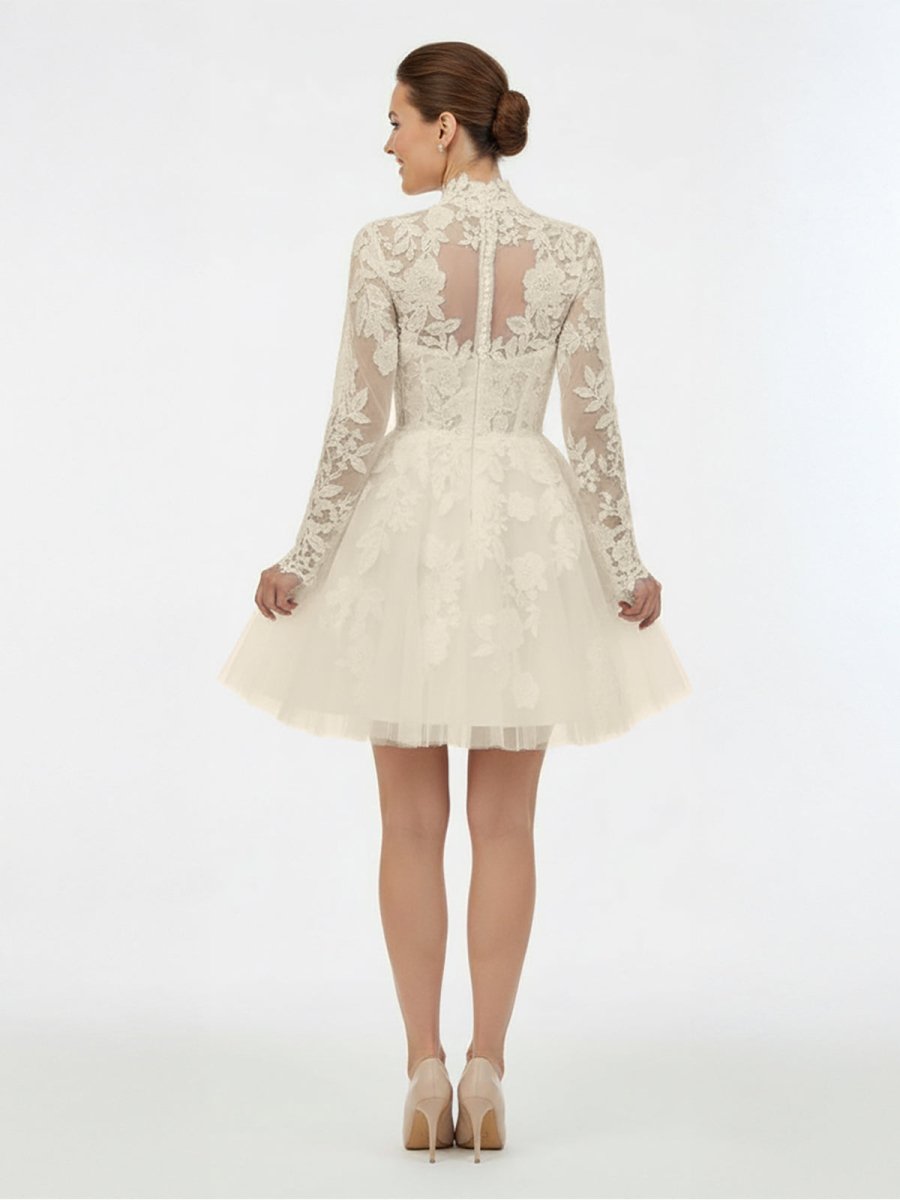 Marilla | Short White A - Line Illusion Neck Long Sleeves Lace Wedding Dresses - KissProm