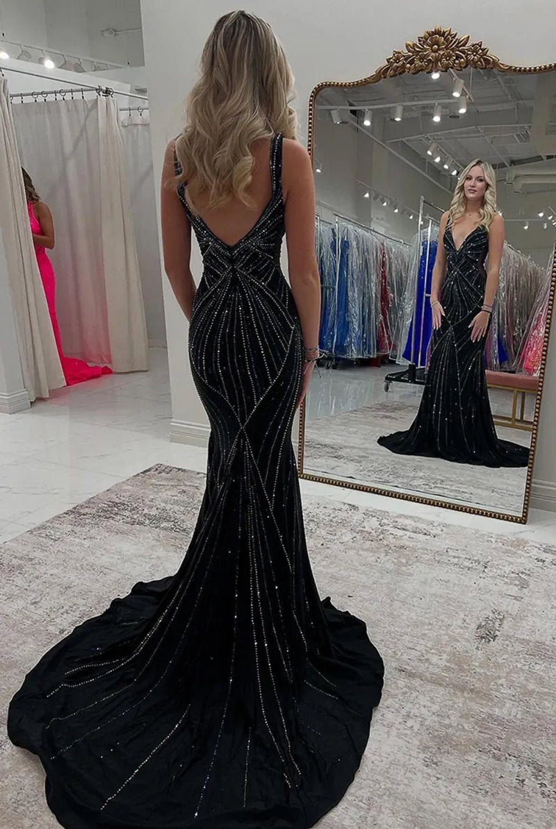Liya | Black - V Neck Mermaid Satin Long Prom Dresses With Beading - KissProm