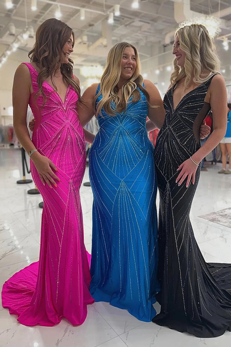 Liya | Black - V Neck Mermaid Satin Long Prom Dresses With Beading - KissProm