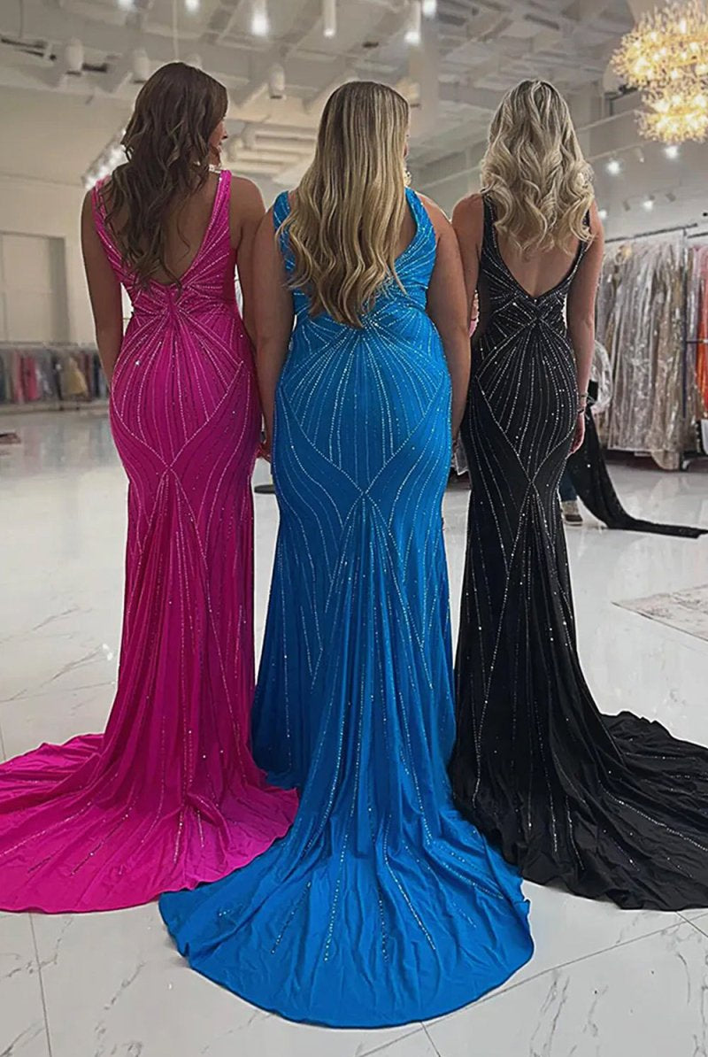 Liya | Black - V Neck Mermaid Satin Long Prom Dresses With Beading - KissProm
