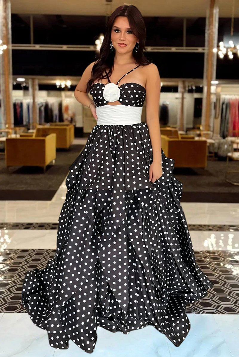 Liyana | Black - Halter Satin A Line Dot Prom Dresses With Flower - KissProm