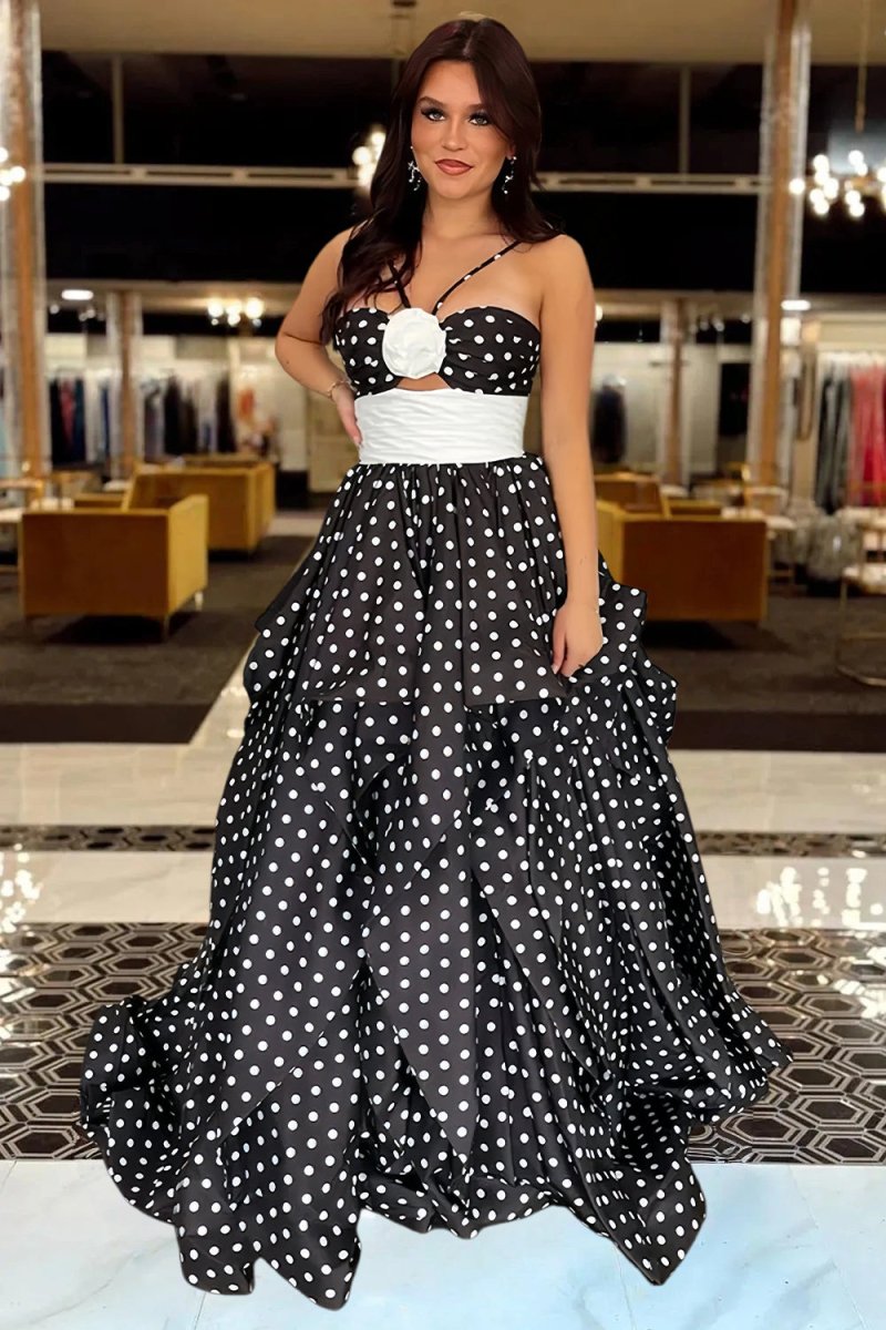 Liyana | Black - Halter Satin A Line Dot Prom Dresses With Flower - KissProm
