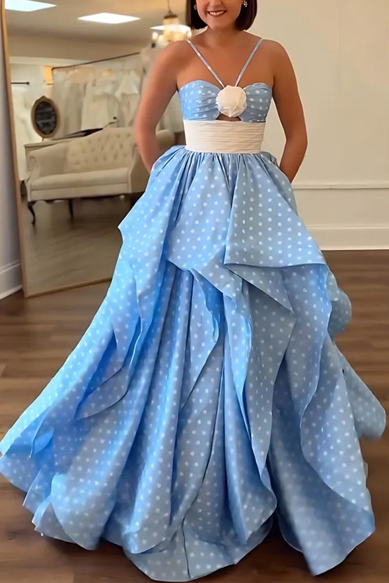 Liyana | Blue - Halter Satin A Line Dot Prom Dresses With Flower - KissProm