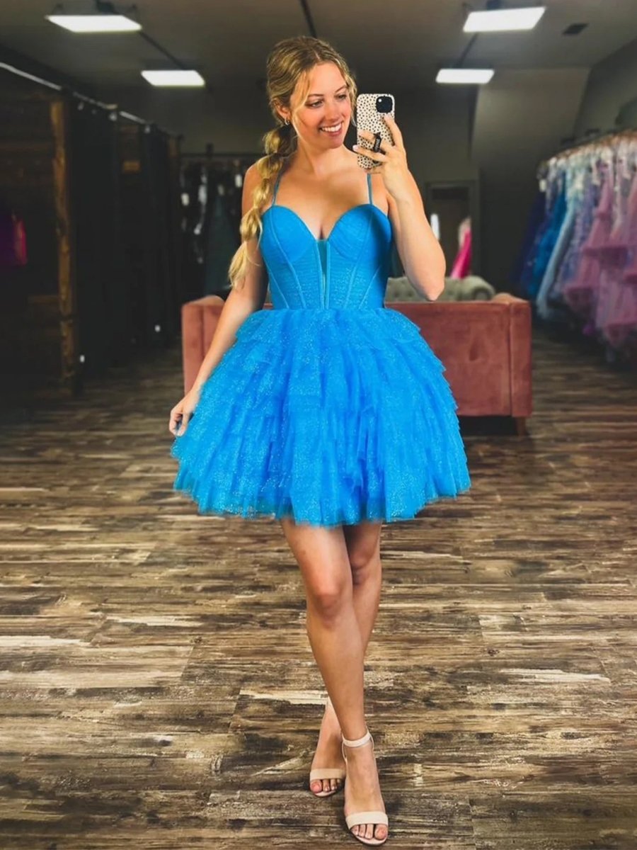 Blue - V Neck Tulle Ruffles A-line Short Homecoming Dresses Blue - V Neck Tulle Ruffles A-line Short Homecoming Dresses