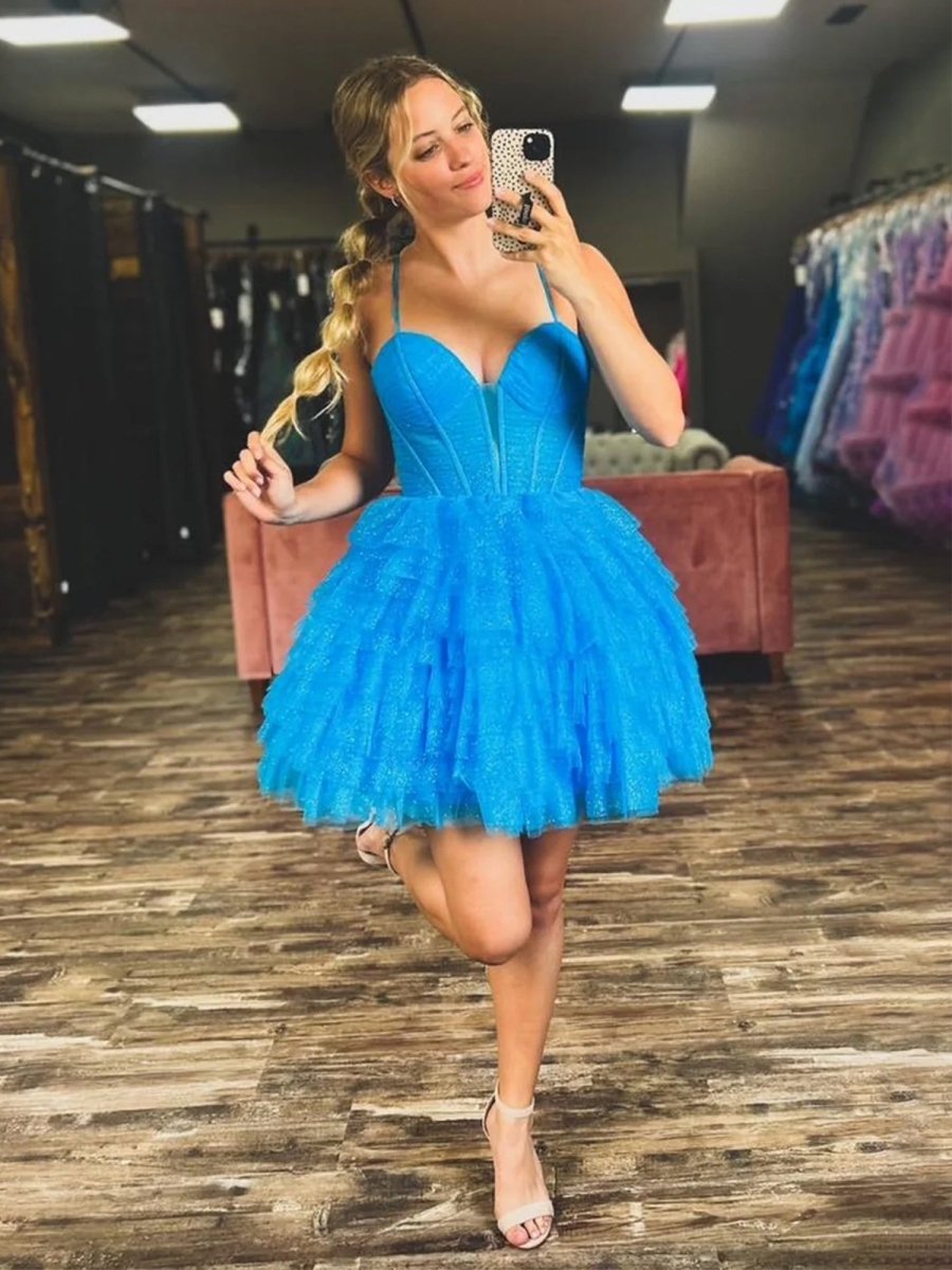 Lizy | Blue - V Neck Tulle Ruffles A-line Short Homecoming Dresses