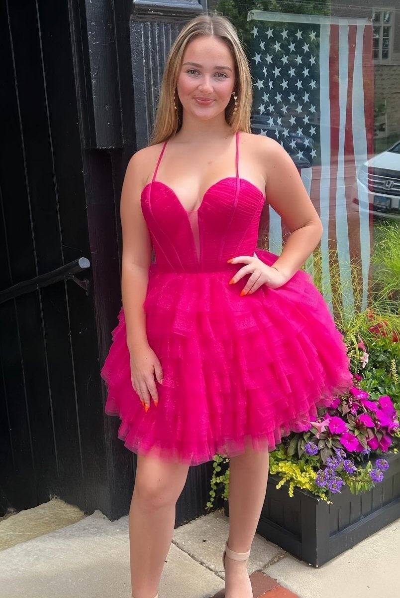 Lizy | Fuchsia - V Neck Tulle Ruffles A-line Short Homecoming Dresses