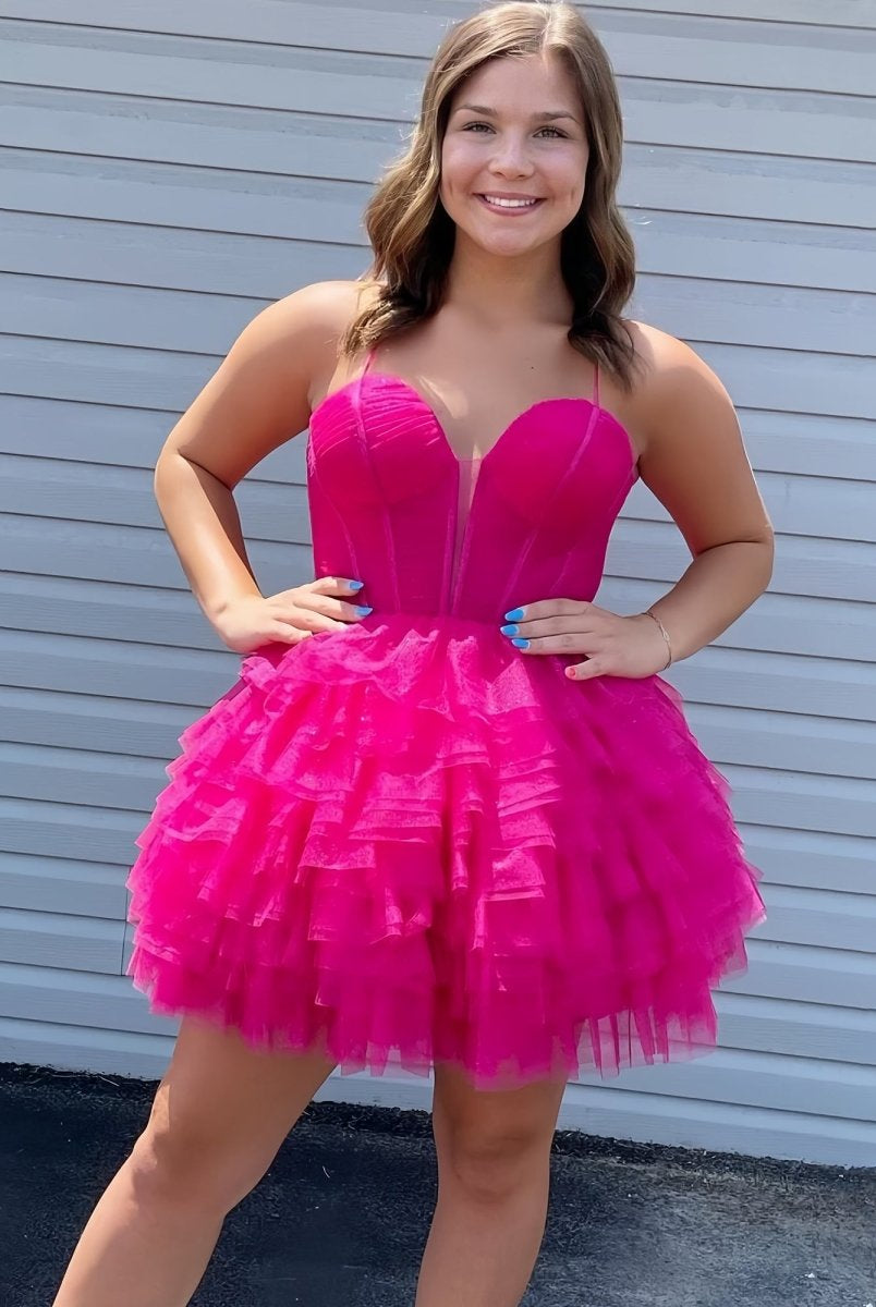 Lizy | Fuchsia - V Neck Tulle Ruffles A-line Short Homecoming Dresses