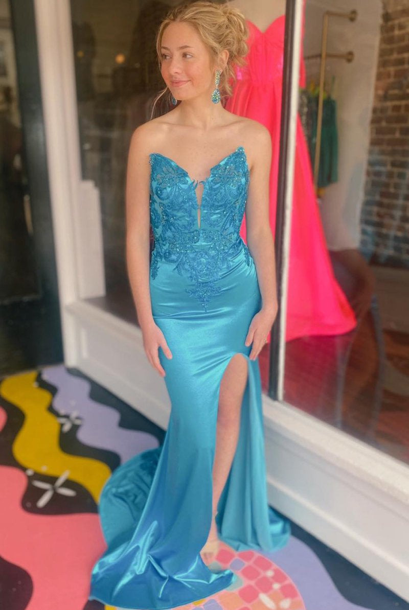 Loey | Mermaid V Neck Blue Satin Mermaid Prom Dress with Slit - KissProm